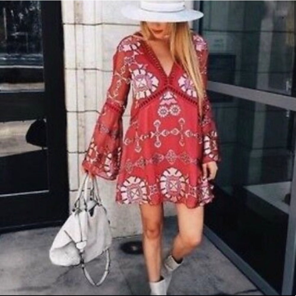For Love and Lemons Barcelona A-Line Dress Flutter Sleeve in Cranberry Small